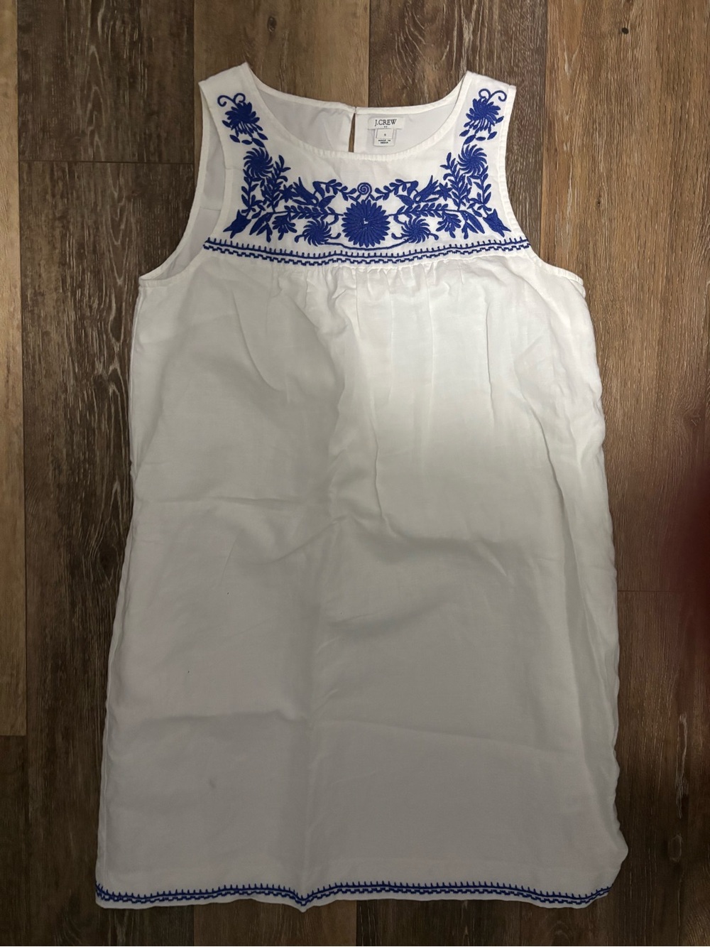 J. Crew White Sleeveless Dress with Blue Embroidery